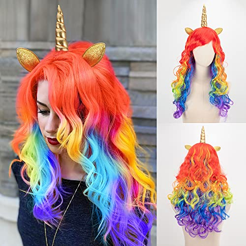 HIFOT Einhorn Perücke Damen mit Ohren und Horn, Perücke Bunt Lang Regenbogen Perücke Kinder Mädchen, Einhorn Kostüm für Cosplay Kindergeburtstag