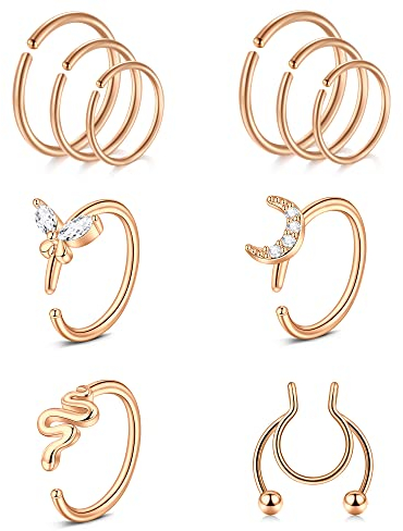 VF VFUN 18 Gauge Nose Hoop Rings - Stainless Steel Nostril Piercing Snake Nose Rings - Cartilage Hoop Earrings - Rose Gold