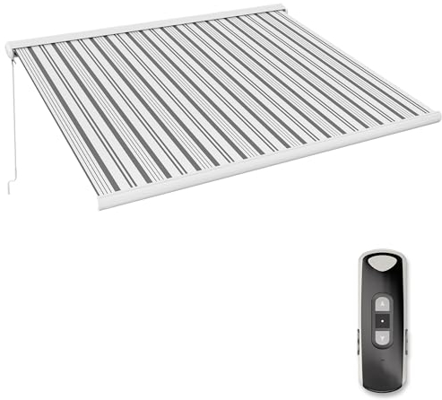 paramondo Markise Kassettenmarkise Curve 2000 Gelenkarmmarkise Balkon Terrasse Sichtschutz, mit jarolift Funkmotor & Funkhandsender, 395 x 300 cm, Gestell Weiß, Stoff Multi Weiß-Grau