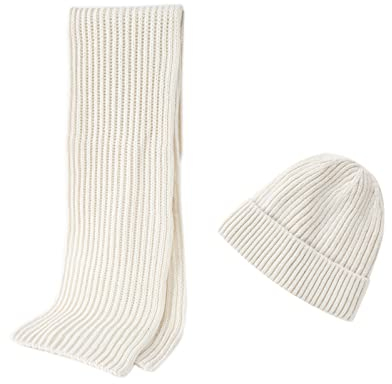 Embouro 2PCS Set di Sciarpe Beanie in Maglia di Lana Merino per Uomo e Donna, Sciarpe Lunghe Invernali Morbide e Calde con Cappello Beanie di Lana (Beige)