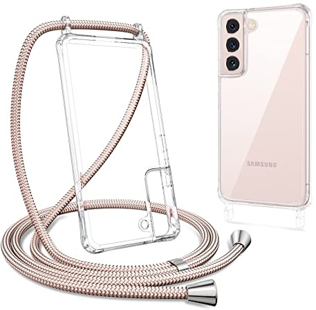 ZTOFERA Handykette Hülle für Samsung Galaxy S22 5G Handyhülle mit Band, Transparent Harte Rückseite + TPU Bumper Necklace Schutzhülle mit Schnur zum Umhängen Stoßfest Cover für Samsung S22, Roségold
