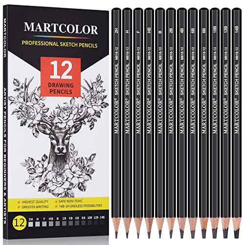 MARTCOLOR Zeichen-Skizzierstifte-Set, 12 Stück Graphitstifte (14B - 2H), ideal zum Zeichnen von Kunst, Skizzieren, Schattieren, Künstlerbleistifte für Künstler, Erwachsene, Kinder, Anfänger