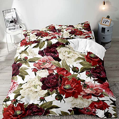 LUVIVIHOME 3PCS White Pink Red Burgundy Floral Duvet Cover King Bedding Set, Shabby Chic Watercolor Vintage Flower Peony Rose Green Leaves Botanical Comforter Bedspread Quilt Cover, 2 Pillow Shams