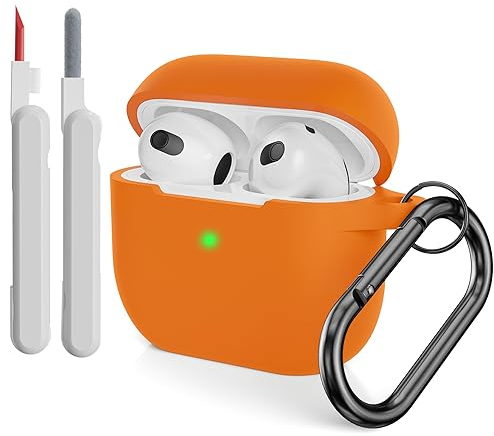 KOKOKA Silikonhülle Kompatibel mit AirPods 3 Hülle mit Reinigungsset und Schutzhülle für AirPods 3rd Generation Case, Stoßfeste Weiche Dünne Case für Airpods 3 Mit Karabiner, Orange