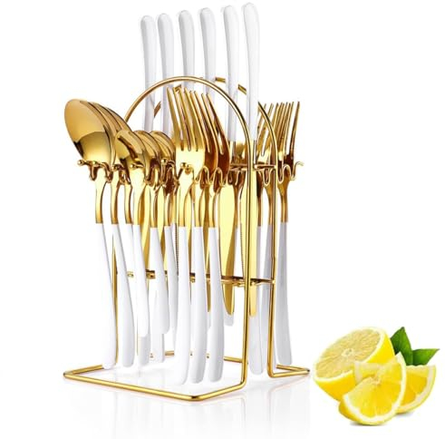 Flatware Set Rack,24 Piece Gilded Silverware Set with Stand,Hanging Stainless Steel Utensils Set Service for 6,Eating Tableware Set Include Fork Knife Spoon Holder Set,Dishwasher Safe (White)