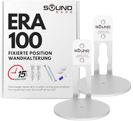 ERA100 Wall Mount Bracket, Low Profile, White, Twin Pack, Compatible with Sonos ERA 100 Speaker, Complete with All Fixing Hardware