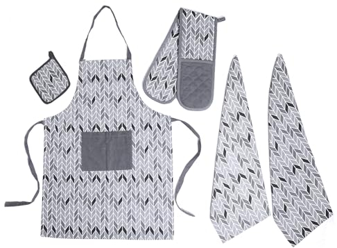 Olivia Rocco Kitchen Sets Apron Double Oven Gloves Towel Set Heat Resistant Oven Mitts Pot Holder for Home Kitchen Baking and Cooking Pack of 5, Chevron Silver