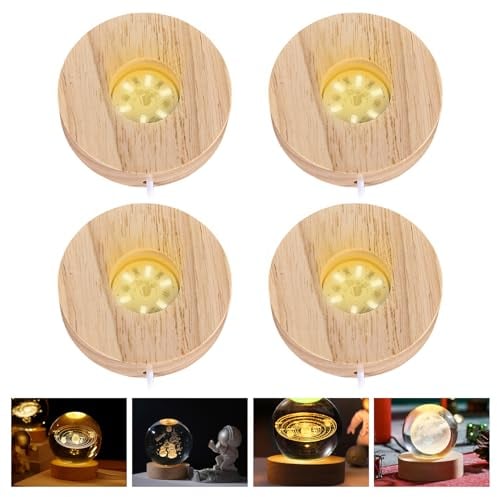 Sporgo 4 Stück LED Holzsockel: Runde Holz Leuchtsockel 3 Farben Einstellbar Holzsockel, Beleuchtete Sockel mit Schalter, Holz Led Lichtsockel für Kristallkugeln, Schmuck, Acryl, Glas und Harz