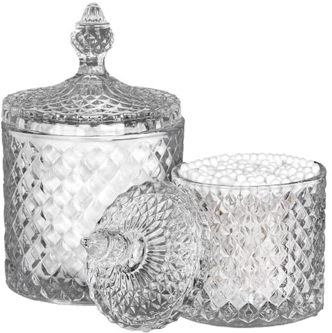 Jumuao 2pcs Supports de Maquillage en Verre Rangement pour Boules de Coton Coton-Tige Porte Coton Tige avec Couvercle pour Fil Dentaire et Petits Objets Décoration de Comptoir de Salle de Bain (Clair)
