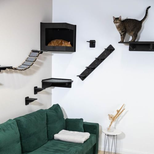 INEXTERIOR Catwalk – Katzenparcours Wand Sets – Kletterwand für Katzen – Gemütliche Liegeflächen – Brücke – Höhle – Filz - Katzentreppe (Set XL (9-teilig), Schwarz)