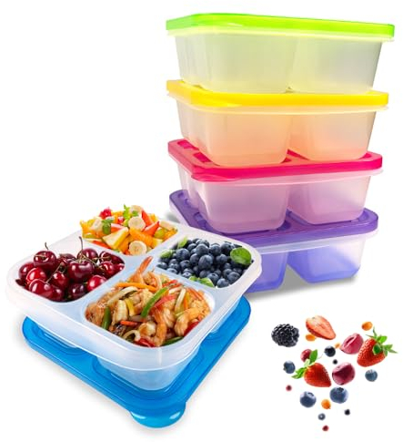 CLIUNT 5 Pack Snack Containers, 4 Compartments Bento Snack Box, Reusable Meal Prep Lunch Containers for Kids Adults, Divided Food Storage Containers for School Work Travel,Dishwasher & Microwave Safe