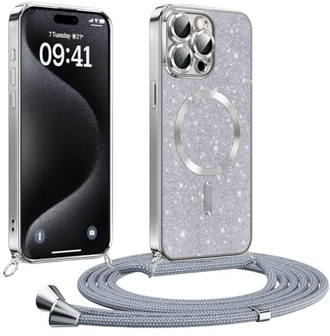 Phoona Coque pour iPhone 15 Pro Max Pro Max avec Cordon, Etui à Paillettes Compatible avec MagSafe, Antichoc Protection Coque pour Magnétique avec Réglable Collier, Argenté