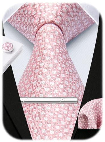 HISDERN Herren Krawatte Rosa Hochzeit Seidenkrawatte und Einstecktuch Manschettenknöpfe Krawattenklammer Set Formal Business