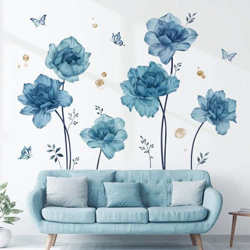 wondever Adesivi Murali Fiori Peonia Blu Sticker da Muro Floreali Grandi Farfalle Adesivi da Parete per Camera da Letto Soggiorno Camerette Ragazze