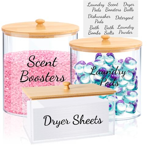 TCJJ 3 Stück Waschpulver Aufbewahrungsbox, Waschmittel Pod Aufbewahrungund Trockner Blatt Halter mit Deckel und Etiketten für Waschpads, Badebomben, Geruchsverstärkung, Trockner Blatt