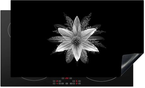 KitchenYeah© Protection Pour Plaque Induction 90x52 cm Plaque de Deco Cuisine Protégé Cache De Cuisson Vitroceramique Fleur - Noir et blanc