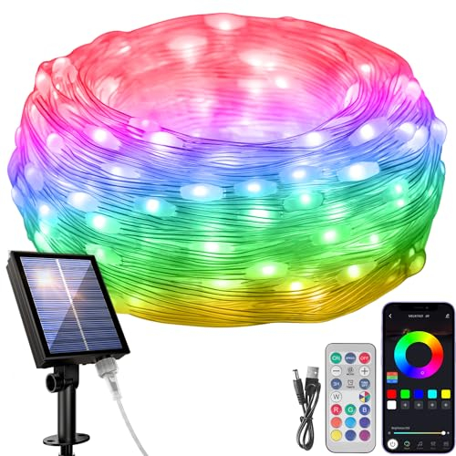 Solar Lichterkette Lichterketten für Weihnachten, Aussen RGB Bunt Lichtschlauch Fernbedienung & App Steuerung, 99+ Modus, Sync Musik, Timer, für Garten, Balkon, Terrasse, Tor, Hof, Party - 5M 50LED