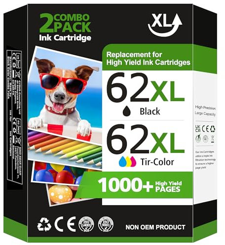 62 XL 62XL Ink Cartridges Black and Colour Multipack Replacement for HP 62 Ink Cartridges Twin Pack for HP Envy 5540 5541 5544 5546 5644 5541 5640 5646 5542 OfficeJet 200 250 5740 5742 (2-Pack)