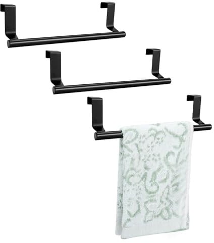 RETON 3 PCS Over The Door Towel Rail, Stainless Steel Tea Towel Holders- 23cm, Kitchen Towel Rail with Anti-Slip Pads, No Drilling (Black)