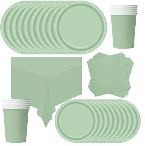 POPOYU 69 Pièces Vaisselle Jetable Anniversaire Vert sauge,Assiette Carton Papier Tasses Serviettesr Nappe pour Fête de Noël,Vaisselle de Fête Enfants,Barbecue Les Fêtes Les Pique-niques(16 Invités)