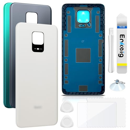 Enkeig Tapa Trasera Vidrio para Reemplazo Xiaomi Redmi Note 9 Pro Parte Trasera de Cristal Trasero con Kit de Reparación (Blanco)