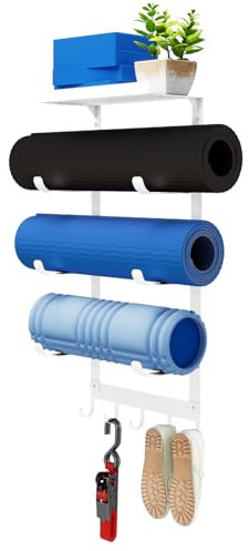 LSK Yoga Mat Holder Wall Mount, White Yoga Mats Storage Rack, Home Gym Storage with Metal Floating Shelf for Storing Fitness, Yoga Mat Rack with 5 Hooks for Hanging Foam Rollers and Resistance Bands