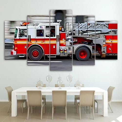 FatAco 5 Paneele Leinwand mit Rahmen Rasendes Feuerwehrauto Bild Kunstdruck Leinwand Gemälde Wandmalerei Home Office Wohnzimmer Schlafzimmer Dekoration Ready to Hang
