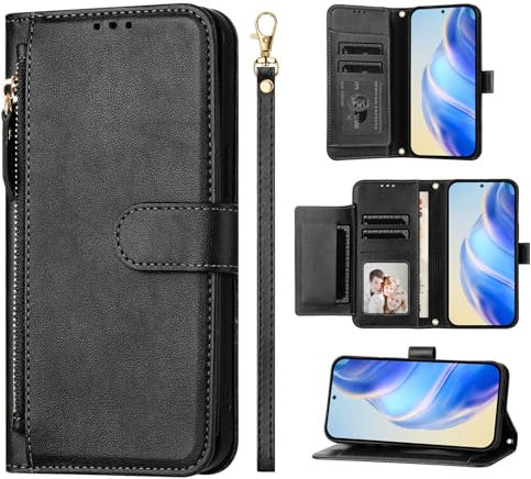 Wuhaizher for iPhone 11 Pro Max Case Zipper Pocket Flip Shockproof Leather Wallet Case for Women Men with Stand 6 Card Holder Slots Silicone Bumper Zip Phone Cover for iPhone 11 Pro Max, Black