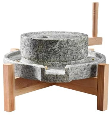 DOJOEUU Molino de Piedra Manual, Molinillo de Granos Manual para el hogar con Soporte de Madera, pulverizador pequeño para Especias, Molino de Piedra Azul Natural Suave Hecho a Mano(9.8x13.8inch)