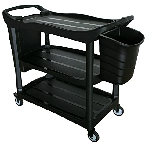 Heavy-Duty Commercial Storage Trolley on Wheels– 3 Durable Shelves, 2 Removable 10-Litre Buckets, 75mm Non-Marking Swivel Castors with Brakes – Ideal for Restaurants, Hotels & Kitchens Trolley