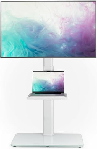 Soporte universal para TV de suelo con soporte giratorio de 70 grados, altura ajustable y diseño de ahorro de espacio para la mayoría de televisores LCD de 27 a 65 pulgadas, LED OLED, color blanco