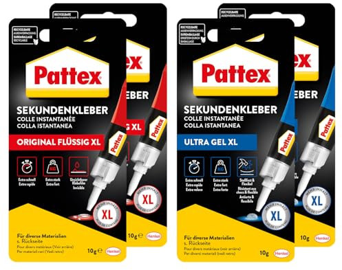 Bundle aus Pattex Sekundenkleber Flüssig, schnelltrocknender farbloser Flüssigkleber 2x 10g + Pattex Sekundenkleber Ultra Gel, extra starker & flexibler Superkleber 2x 10g