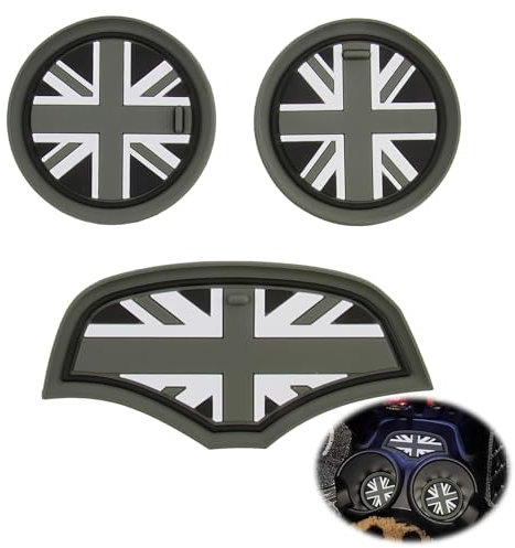 Anti-Slip Car Cup Coasters for Mini F55 F56 3pcs, Union Jack Uk Flag Style, Accessories Insert Vehicle Mat, Silicone Shockproof Holders Coaster for Mat Cooper Hatchback F55 F56 Holder (Gray Jack)