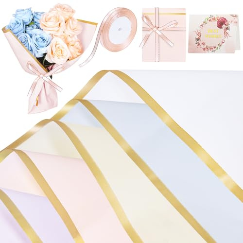 25 Sheets Flower Wrapping Paper with Ribbons and Cards, 5 Colors Waterproof Bouquet Wrapping Paper for Valentine's Day DIY Birthday Wedding Gift Wrapping