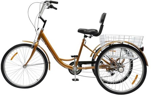 SZPLLZY Dreirad für Erwachsene, 24-Zoll-Räder, 6-Gang-Dreirad-Cruiser-Fahrrad mit Korb für Männer, Frauen und Senioren, Doppelbremsen, verstellbares Kissen und Griff, Lastenfahrrad für Outdoor-Sport