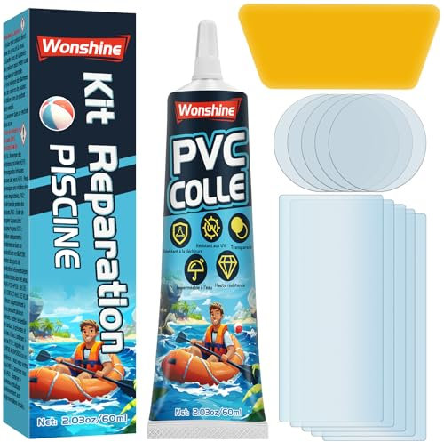 Kit de Réparation Piscine, Rustine Piscines, Transparente Kit Reparation Spa Gonflable, Colle PVC pour Bouées, Produits gonflables, Matelas et Bateaux (60 ML)