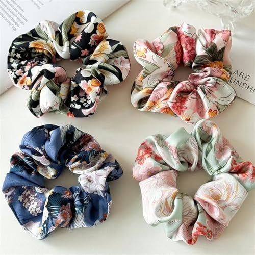 haargummi Scrunchies Blumen,Große Chiffon Haargummis Scrunchies | Mädchen Pferdeschwanz Halter Elastisches Gummibänder Haarband für Damen und Mädchen 4er Pac