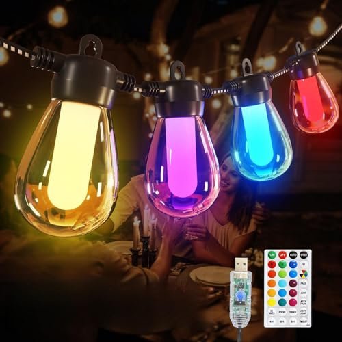 Lichterkette Außen Bunt Strom Outdoor - 15M 50FT G40 Glühbirnen Garten LED Beleuchtung Balkon Lichterketten Aussen IP65 Wetterfest Pavillon String Lights mit Fernbedienung für Terrasse Party（USB）