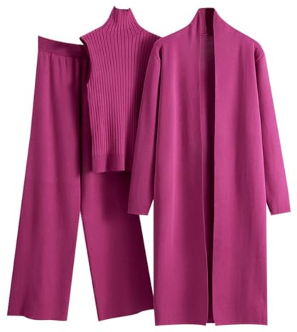 Generisch 3-teiliges Damen-Strick-Lounge-Set: Langarm-Cardigan, ärmelloses Rollkragen-Tanktop und passende weite Hose