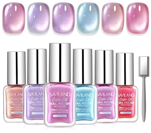 SAVILAND Cat Eye Nail Polish Set: 10ML Quick Dry 6 Colors No Gel Polish | Shimmer Romantic Pink Purple Blue Magnetic Cateye Fingernail Polish with Magnet Stick DIY Manicure