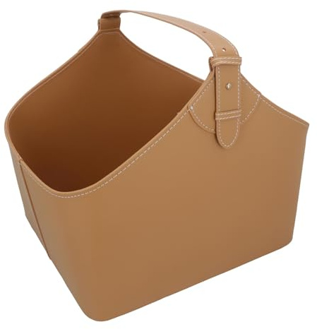 Large Brown Leather Firewood Storage Basket with Handle Log Branch Holder Bin