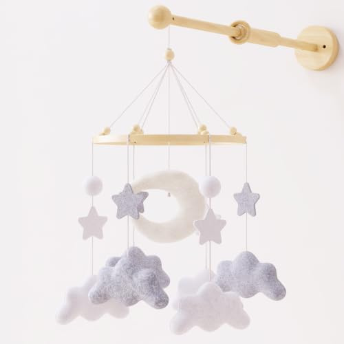 Lanttoe Baby Mobile für Babybett, Mobile-Halterung nicht enthalten | Handgefertigt, Weicher Filz, Buchenholzring, Sanfte Grautöne