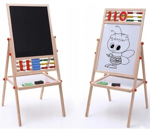 Kinder Tafel 8in1 doppelseitig, magnetische Maltafel & Kreidetafel, Lernspielzeug aus Holz, Whiteboard trocken abwischbar, 84–56 x 39 cm