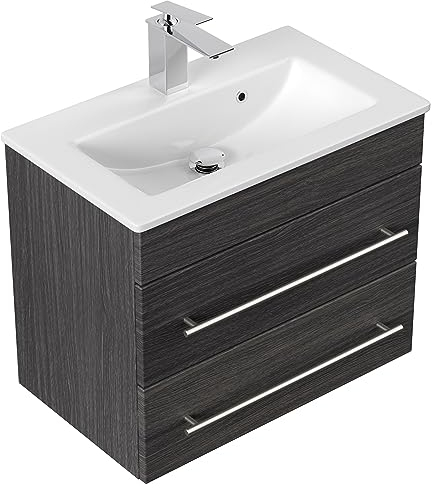 emotion | Waschbecken mit Unterschrank in Anthrazit Gemasert | Made in Germany | B60 x H52 x T36 cm | Waschtischunterschrank mit Zwei Schubladen | Keramik-Badmöbel für designvolle Badezimmer