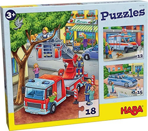 HABA Feuerwehr-Puzzle – 3-teiliges Set für Kinder ab 3 Jahren, Papp-Puzzle mit Polizei- und Rettungswagen-Motiven – Fördert Feinmotorik und Konzentration – 1302759001