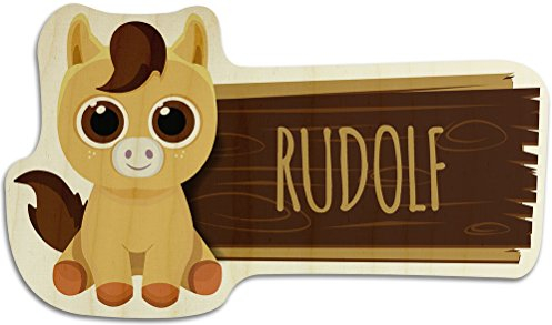 printplanet Türschild aus Holz mit Namen Rudolf - Motiv Pferd - Namensschild, Holzschild, Kinderzimmer-Schild
