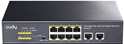 Cudy alimentatore 8+2 porte Gigabit Ethernet PoE+ Unmanaged Plug-and-Play Switch,120 W, 8 x 10/100/1000 Mbit/s PoE+ porte, CCTV/VLAN-Modus, 802.3af/ 802.3at GS1010P