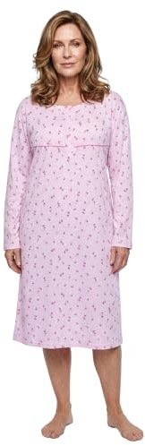 Lucky Nachthemd Damen Langarm Blüten 3XL-6XL Knöpfe Übergröße Baumwolle Schlafshirt, Farbe:rosa, Größe:4XL