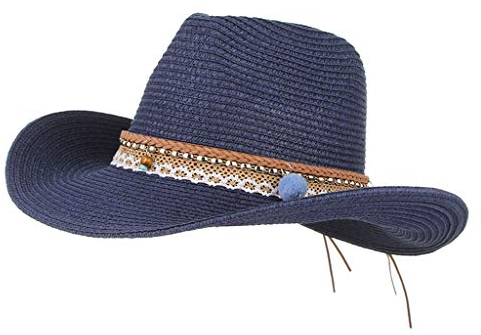 Unbekannt Damen Cowboy Hüte Westernhut Sonnenhut Breiter Krempe Gartenhut Hut Strandhut mit Pompoms Deko, Dunkelblau