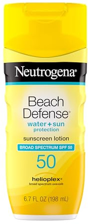 Neutrogena Sunscreen Lotion Beach Defense SPF 50, Face and Body Sunscreen, Hawaii Reef Act 104 Compliant, Octinoxate & Oxybenzone Free, Oil Free, Fast Absorbing Sun Care, 6.7 fl oz
